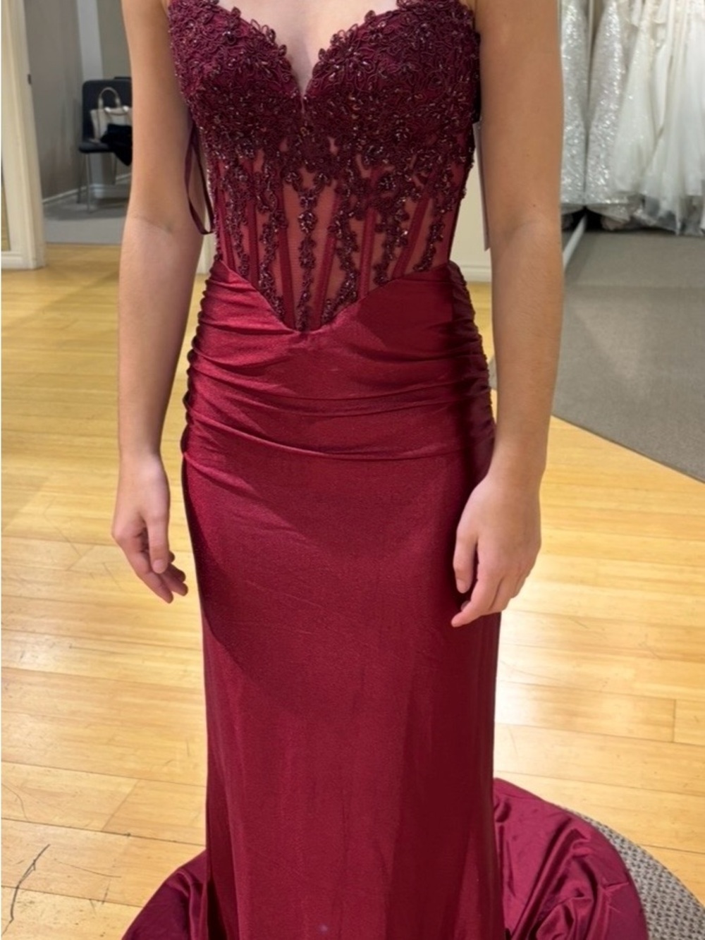 Burgundy Embellished Sheer Bodice Evening Gown